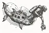 scuba diver exploring a shipwreck, murene tattoo design idea