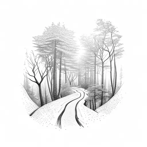 A forest landscape with a winding trail leading into the distance tattoo design idea