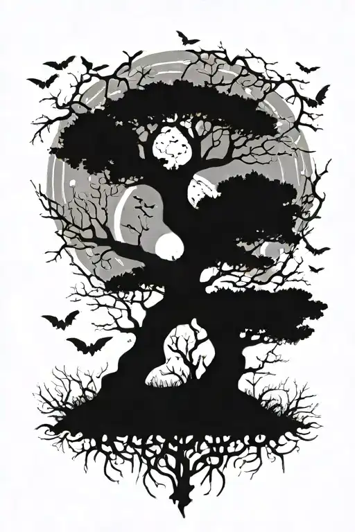 poison tree with bats at the bottom and at the top, a moon behind the tree tattoo design idea