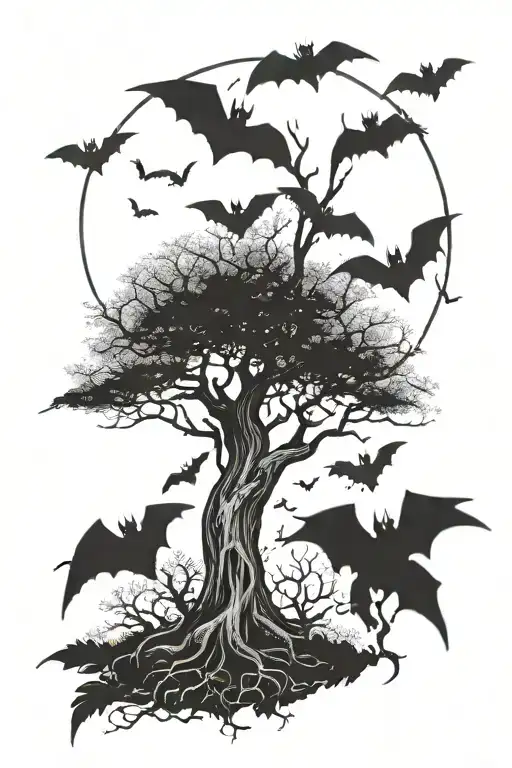 poison tree with bats on the sides and at the bottom, then a moon around the tree with bats surrounding the tree tattoo design idea