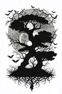 poison tree with bats at the bottom and at the top, a moon behind the tree tattoo design idea