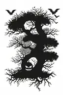 poison tree with bats at the bottom and at the top, a moon behind the tree tattoo design idea