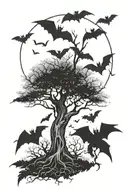 poison tree with bats on the sides and at the bottom, then a moon around the tree with bats surrounding the tree tattoo design idea