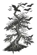 poison tree with bats on the sides and at the bottom, then a moon around the tree with bats surrounding the tree tattoo design idea