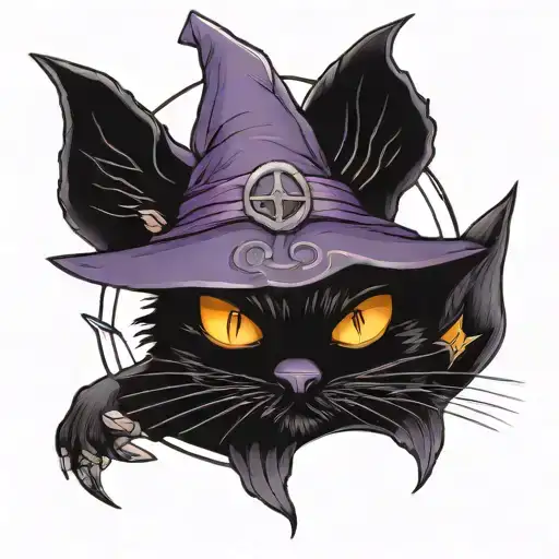 jack-o-lantern with acute black cat wearing a purple witches hat tattoo design idea