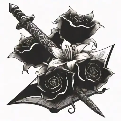 sword, book and flower tattoo design idea
