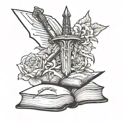 sword, book and flower tattoo design idea