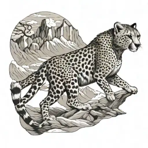A cheetah sprinting across Himalayan mountains tattoo design idea