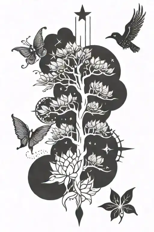 minimalist spine tattoo including moon, stars, book, lotus flower, tree of life, deathly hallows symbol and a semi colon tattoo design idea