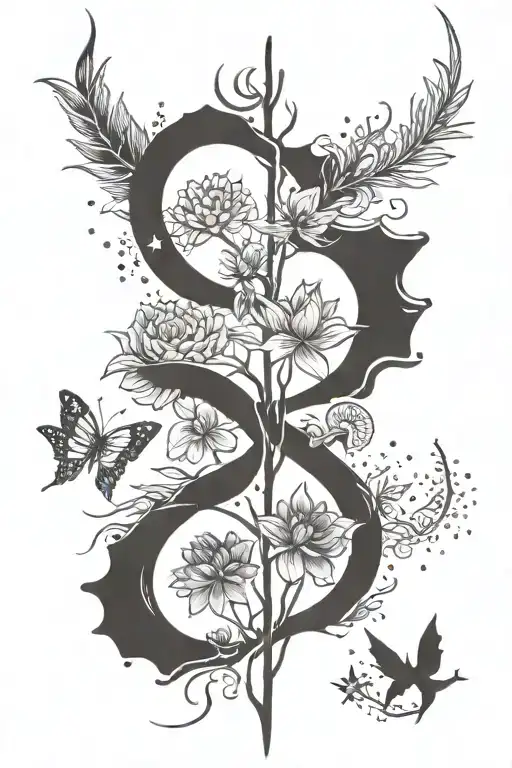 minimalist spine tattoo including moon, stars, book, lotus flower, tree of life, deathly hallows symbol and a semi colon tattoo design idea