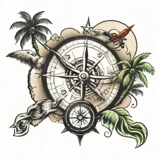 plane, compass or palm trees tattoo design idea