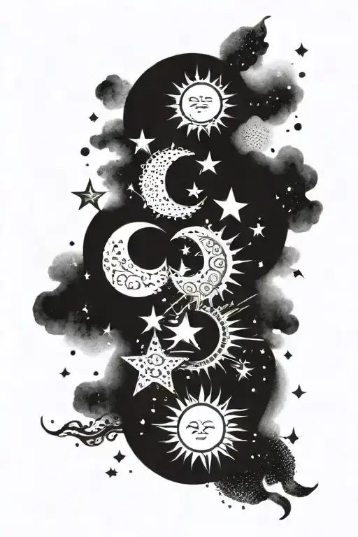 sun moon stars scattered tattoo design idea