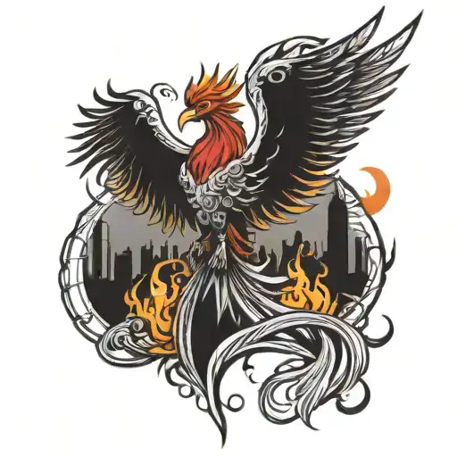 An anime-inspired design of a phoenix rising from the ashes with the Brooklyn Bridge in the background tattoo design idea