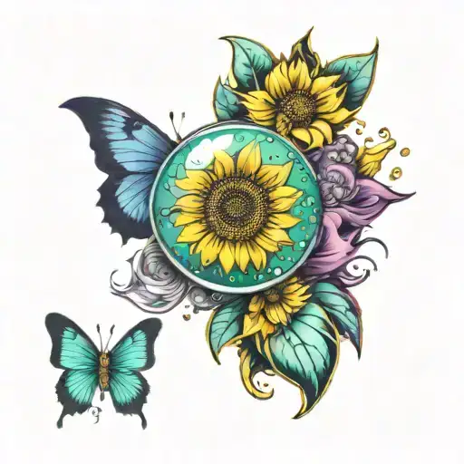 yellow sunflower with a semi colon in a bubble inside, with teal and purple butterflys around it  tattoo design idea