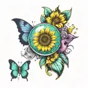 yellow sunflower with a semi colon in a bubble inside, with teal and purple butterflys around it  tattoo design idea
