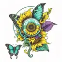 yellow sunflower with a semi colon in a bubble inside, with teal and purple butterflys around it  tattoo design idea