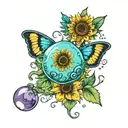yellow sunflower with a semi colon in a bubble inside, with teal and purple butterflys around it  tattoo design idea