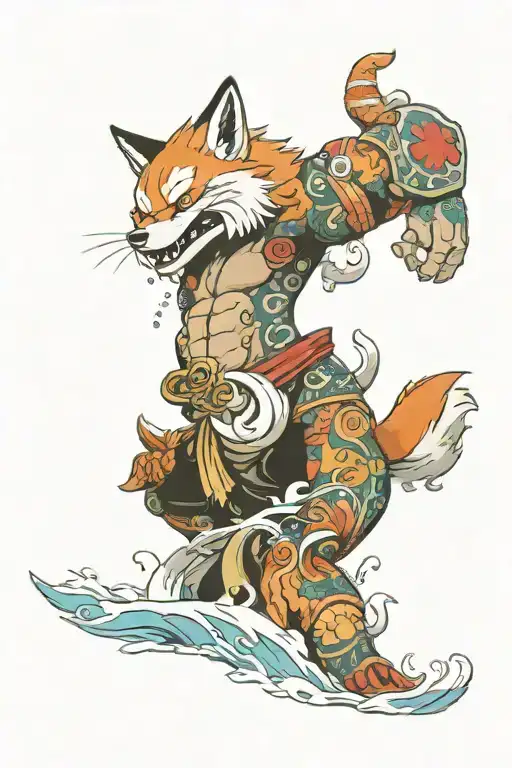 A traditional irezumi arm sleeve with a wave motif from One Piece, a fox from Naruto, and a giant Titan from Attack on T tattoo design idea