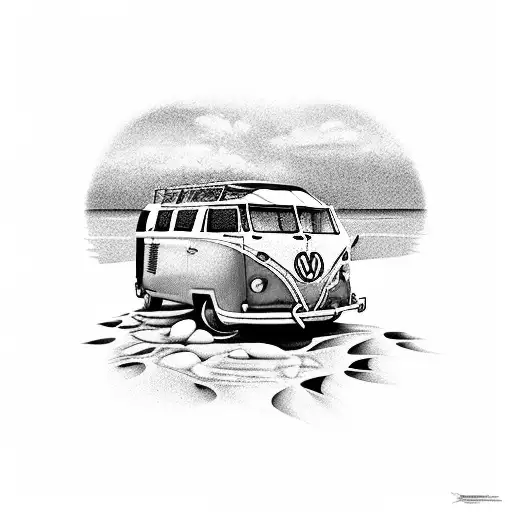A black and grey tattoo of a beach scene with a VW Kombi van parked near the shore tattoo design idea