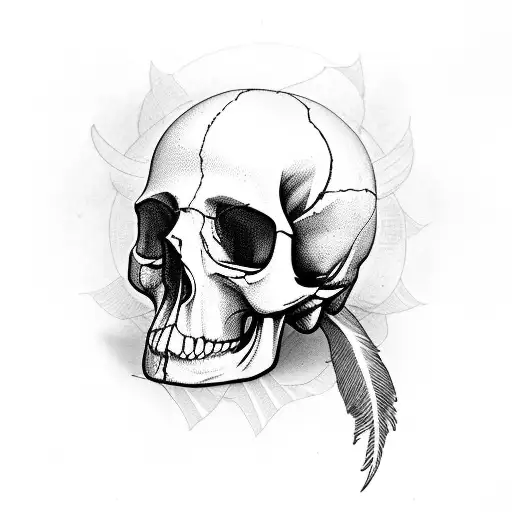 A bird inside a cage that is inside the top half of a skull tattoo design idea