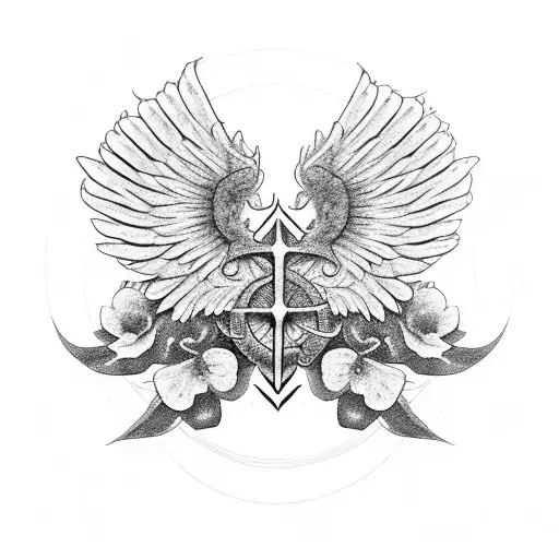 black cross with large wing in the background, poppies, spartan shield tattoo design idea