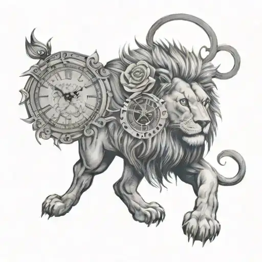 lion with rose and clock tattoo design idea