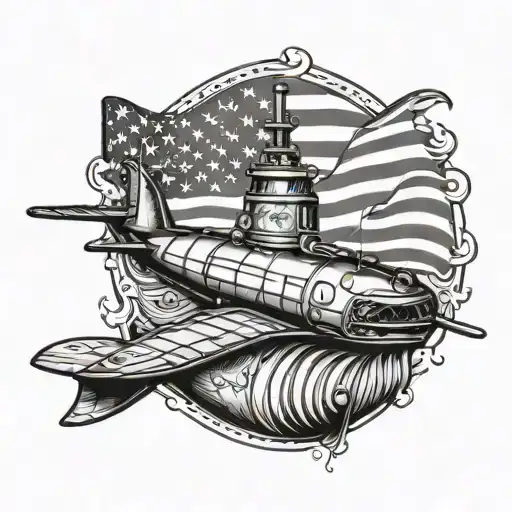 submarine with American flag black and white tattoo design idea
