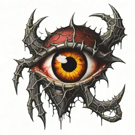 Satanic Realistic Eye, cracked and bleeding. dark black blood red. Bleeding Thorns black spider web and Golden Horns tattoo design idea