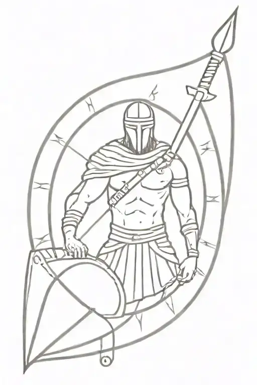 An ancient Slavic warrior holds a shield with the black sun rune on it. tattoo design idea