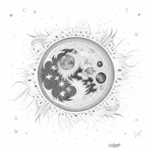 Shinning moon with a big star with other little stars in the beach. The sun splitting in half on the beach. Dark Sunset. tattoo design idea