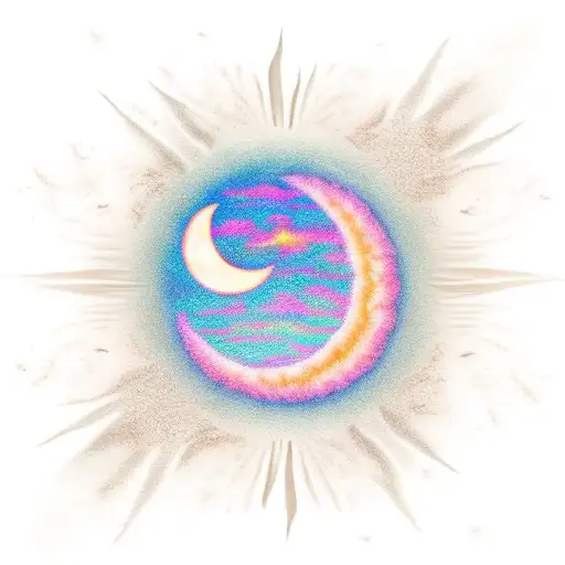 Shinning moon with a big star with other little stars in the beach. The sun splitting in half on the beach. Dark Sunset. tattoo design idea