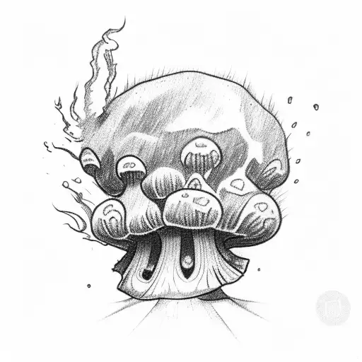 A sketch-style tattoo of a mushroom spore releasing psychedelic smoke tattoo design idea