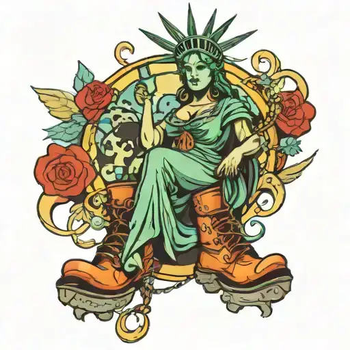 lady liberty wearing dollar necklace with boots on  tattoo design idea