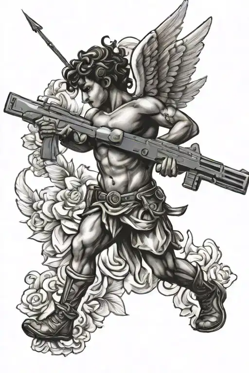 cupid with an ak 47 tattoo design idea