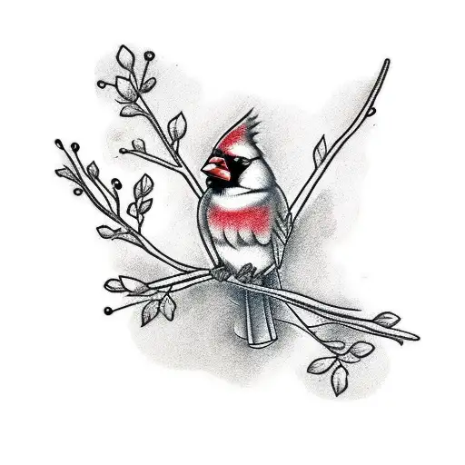 Cardinal on branch with breast cancer ribbon tattoo design idea