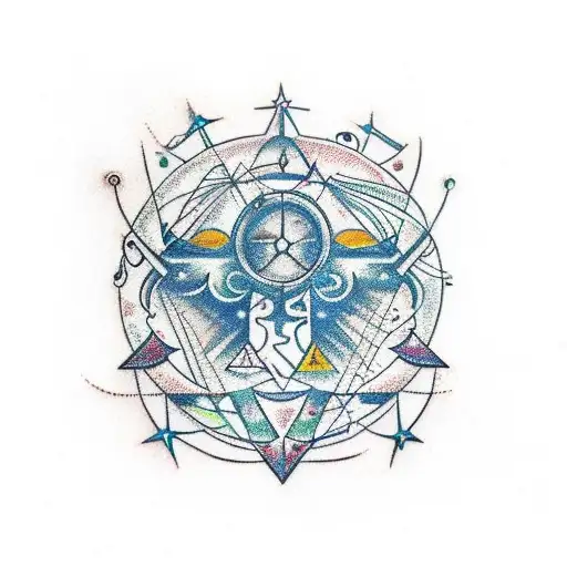 An elegant design featuring a cancer constellation and an aquarius constellation merging together with musical elements tattoo design idea