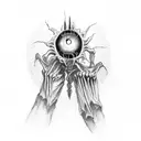 skeleton holding the eye of Sauron from lord of the rings between its thumb and pointer finger  tattoo design idea