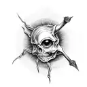 skeleton holding the eye of Sauron from lord of the rings between its thumb and pointer finger  tattoo design idea