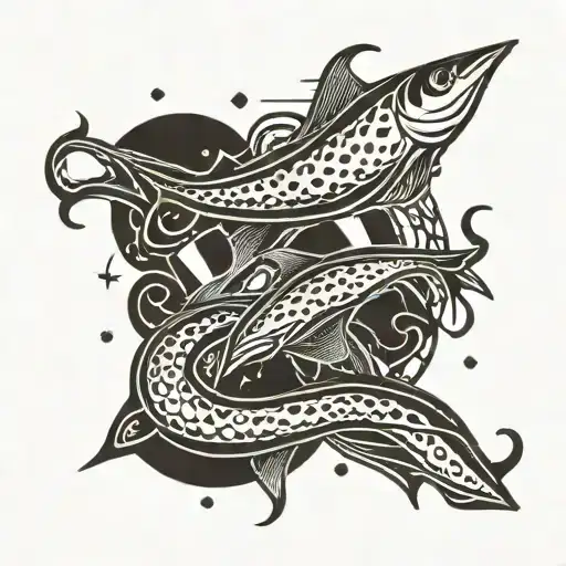 A geometric pattern of fishing hooks and waves, representing the client's love for fishing and their late father's influence tattoo design idea