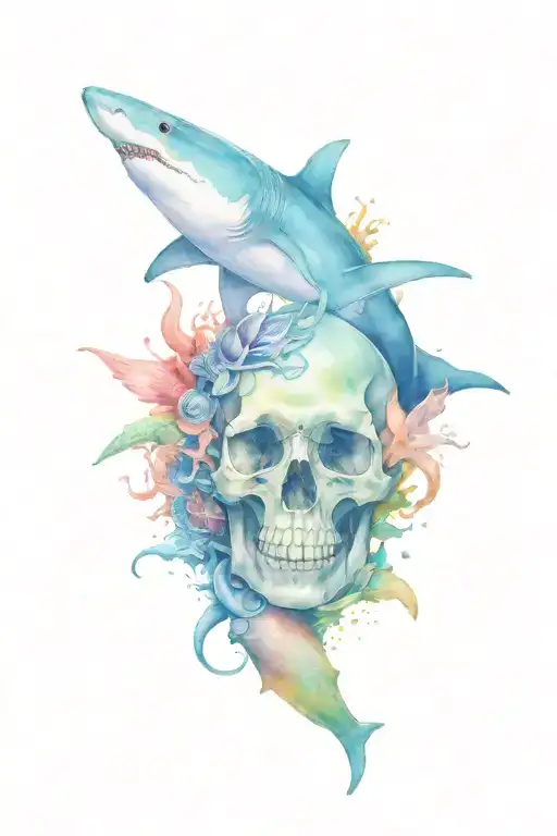 shark skull with goth mermaid and turtle and other sea creatures with skulls somehow mixed in tattoo design idea