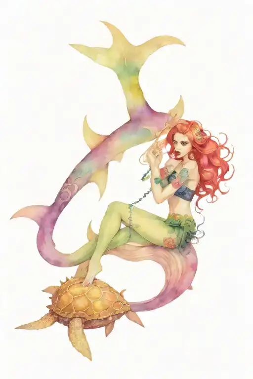 goth mermaid riding a skull shark with a sea turtle and other skull sea creatures  tattoo design idea