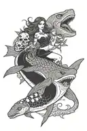 goth mermaid riding a skull shark with a sea turtle and other skull sea creatures  tattoo design idea