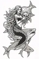 goth mermaid riding a skull shark with a sea turtle and other skull sea creatures  tattoo design idea