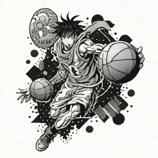 A divine Anime character holding a basketball and football, representing the connection between God, sports, and Anime tattoo design idea