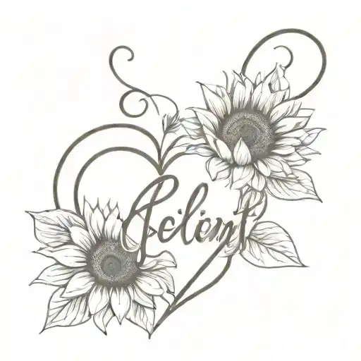  "resilient" in cursive next to a broken heart, with vibrant sunflowers emerging from it tattoo design idea