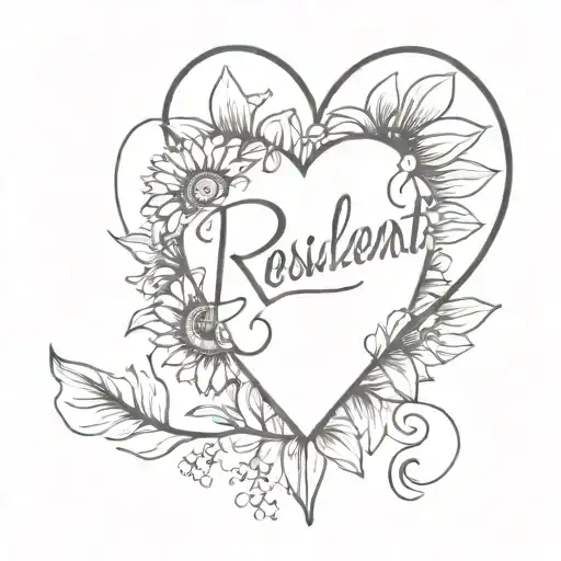  "resilient" in cursive written outside a broken heart, with vibrant sunflowers emerging from it tattoo design idea