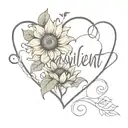Picture a delicate script font spelling out the word "resilient" beside a broken heart, with vibrant sunflowers emerging tattoo design idea