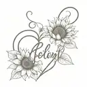  "resilient" in cursive next to a broken heart, with vibrant sunflowers emerging from it tattoo design idea