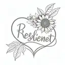  "resilient" in cursive next to a broken heart, with vibrant sunflowers emerging from it tattoo design idea