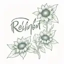  "resilient" in cursive next to a broken heart, with vibrant sunflowers emerging from it tattoo design idea